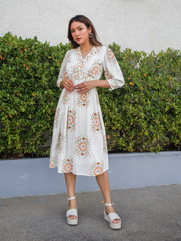 White Floral Printed Flared Midi Dress