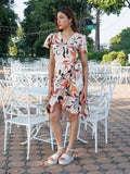 Beige Abstract Printed Wrap Midi Dress