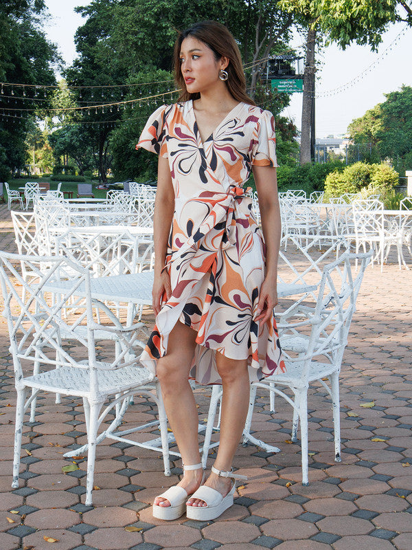 Beige Abstract Printed Wrap Midi Dress