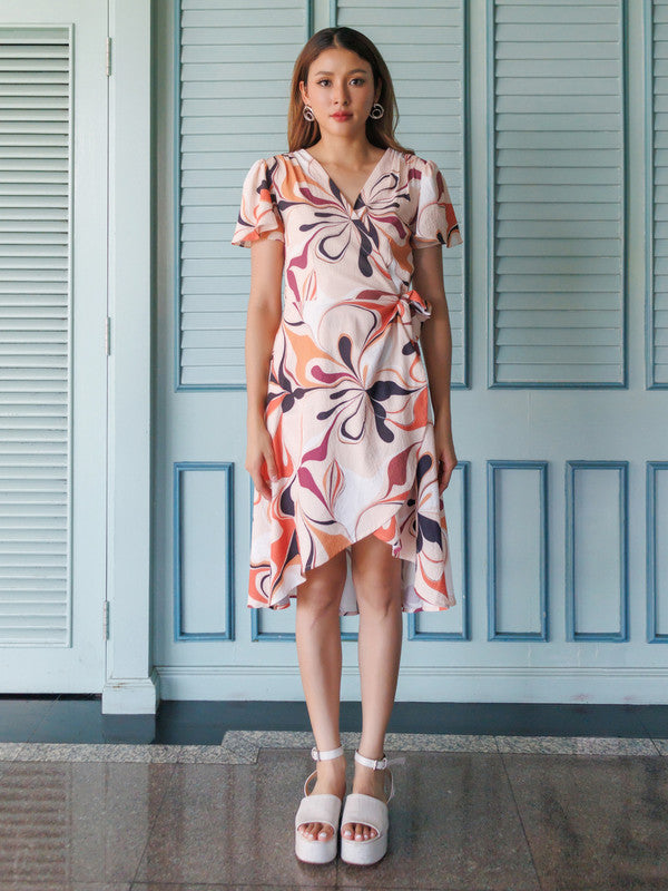Beige Abstract Printed Wrap Midi Dress