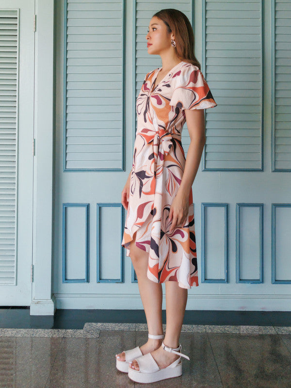 Beige Abstract Printed Wrap Midi Dress