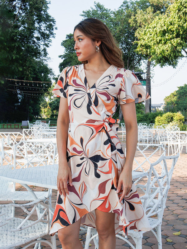 Beige Abstract Printed Wrap Midi Dress