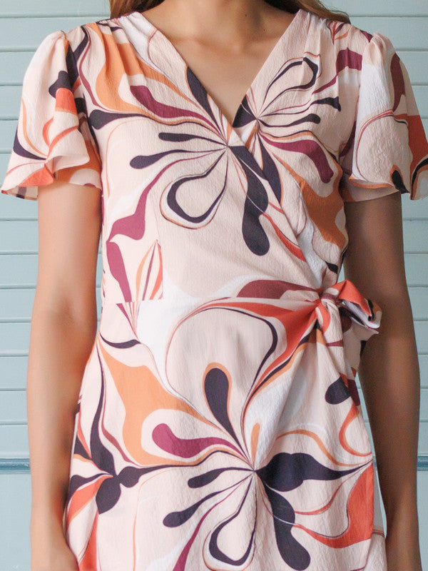 Beige Abstract Printed Wrap Midi Dress