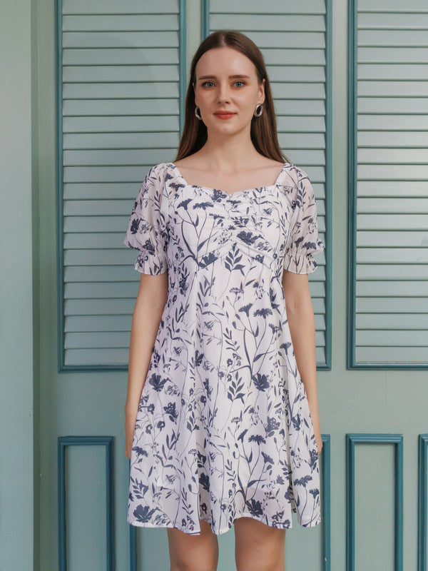 White Floral A Line Mini Dress