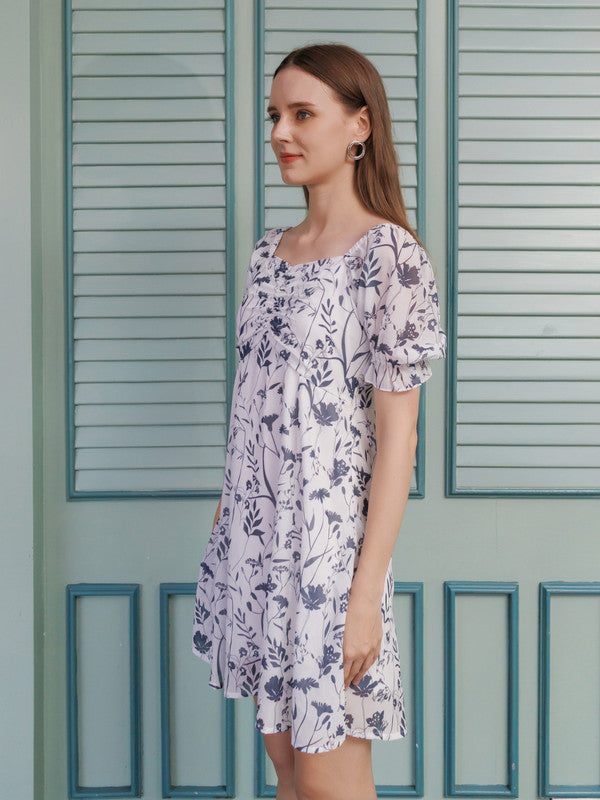 White Floral A Line Mini Dress