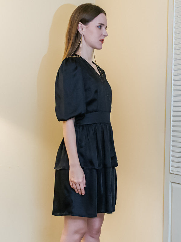 Black Solid Layered Short Dress