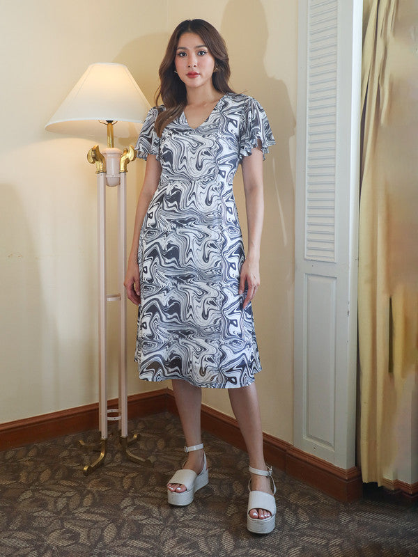 White Abstract Flared Midi Dress