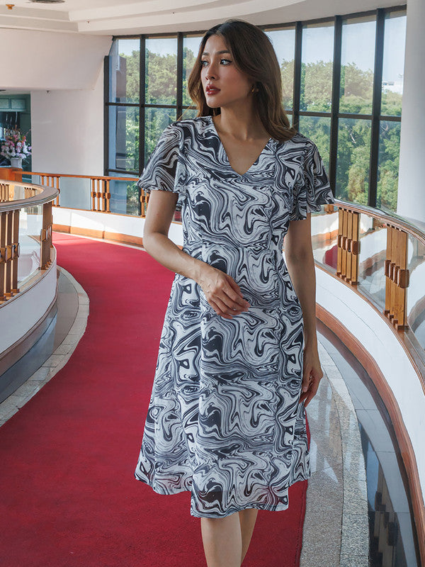White Abstract Flared Midi Dress