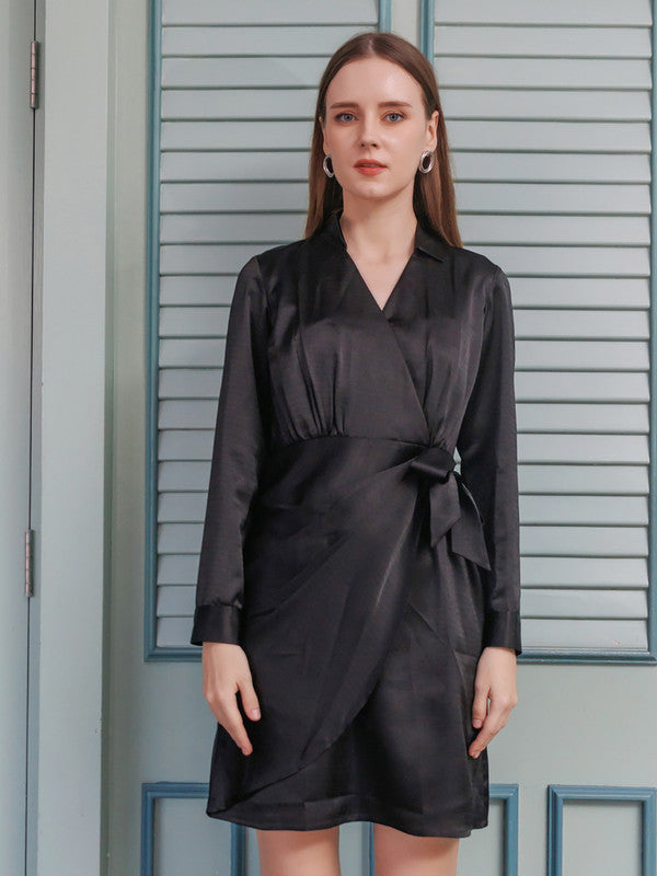 Black Solid Self Design Wrap Mini Dress