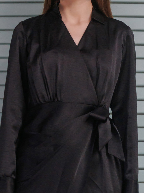 Black Solid Self Design Wrap Mini Dress