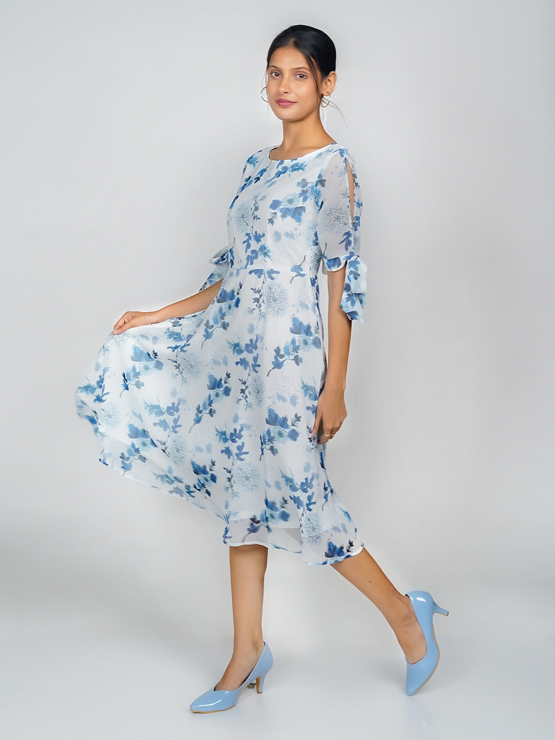 White Floral Print Flared Midi Dress