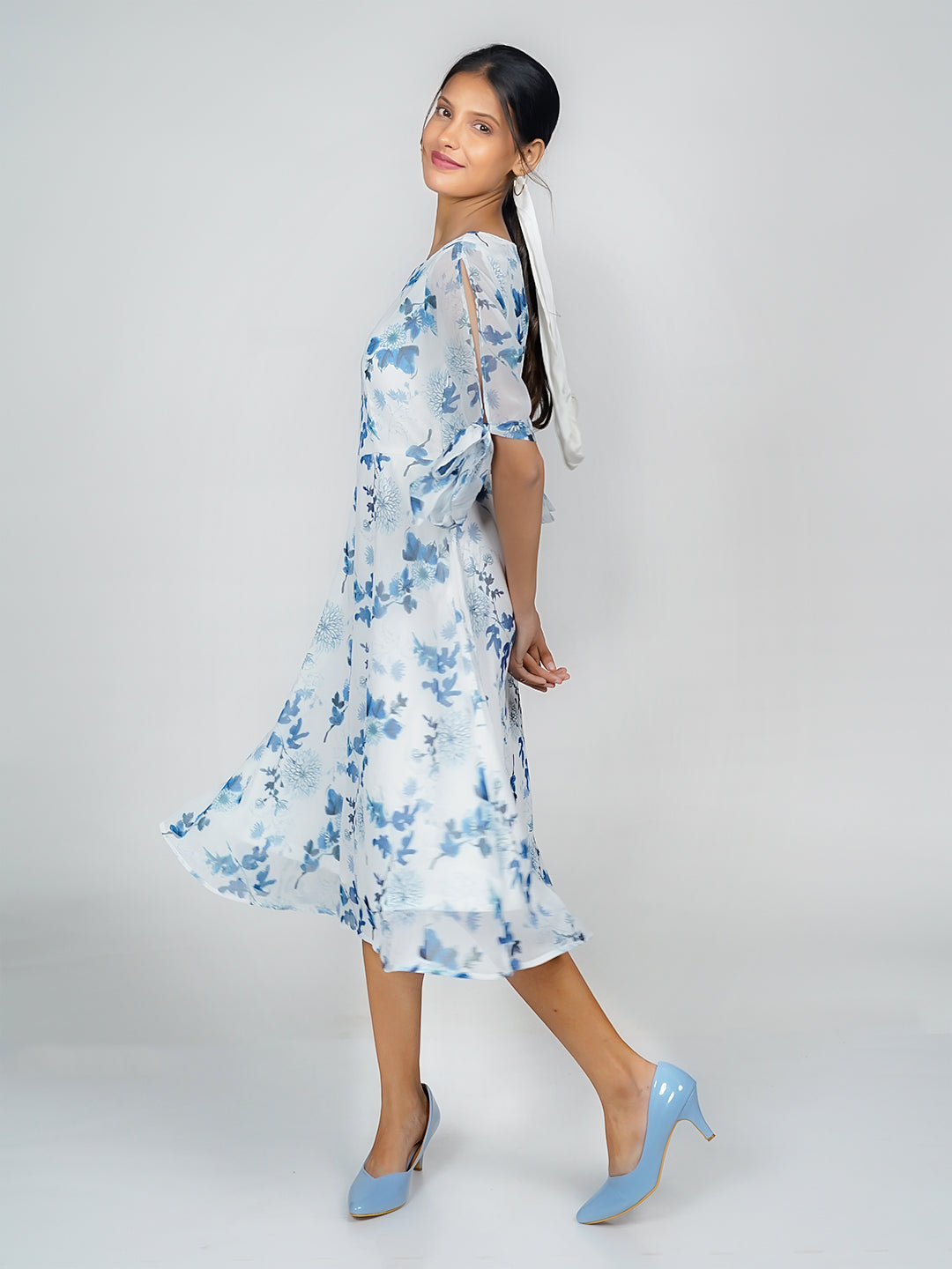White Floral Print Flared Midi Dress