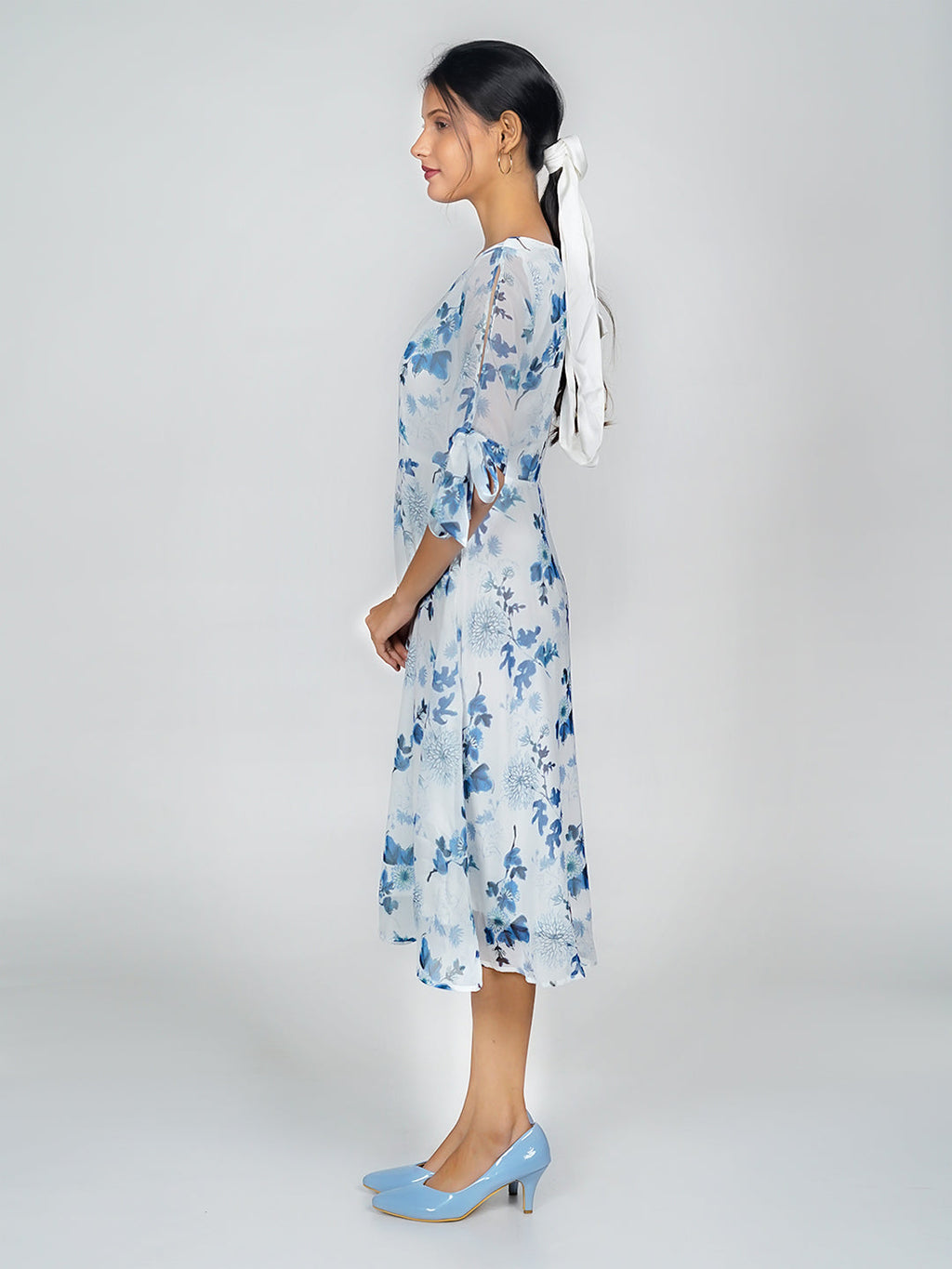 White Floral Print Flared Midi Dress