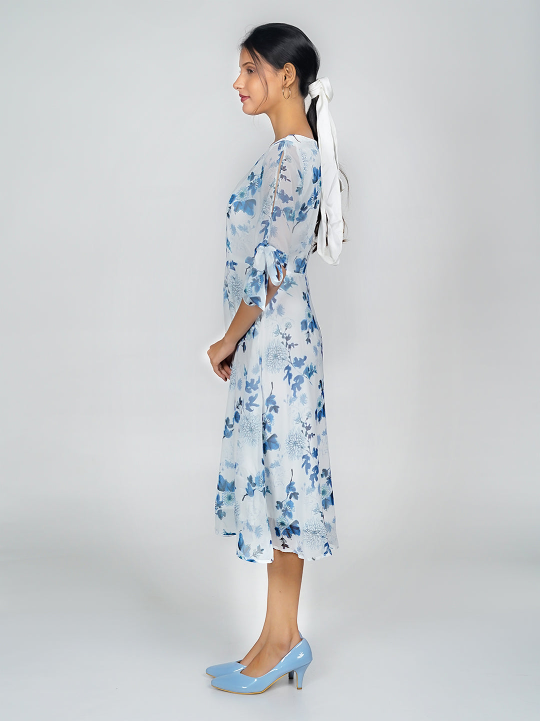 White Floral Print Flared Midi Dress