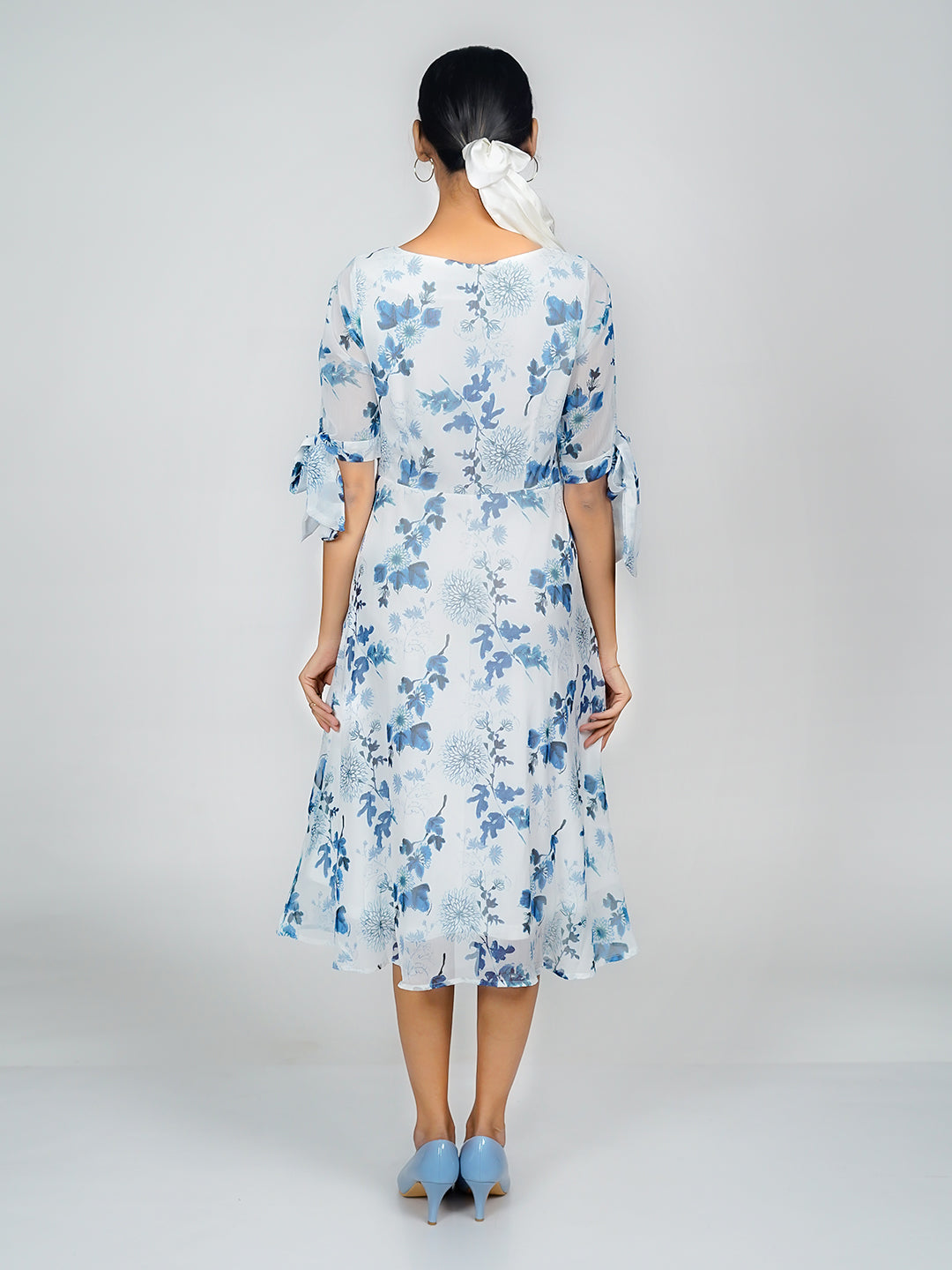 White Floral Print Flared Midi Dress