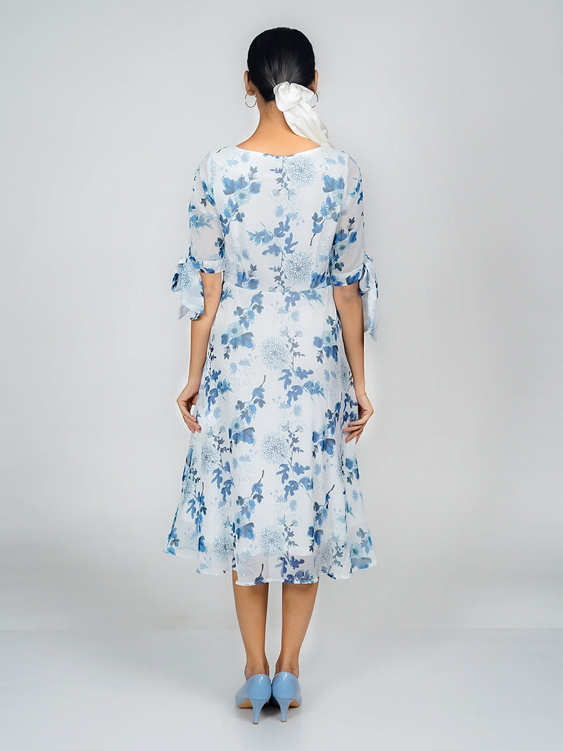 White Floral Print Flared Midi Dress