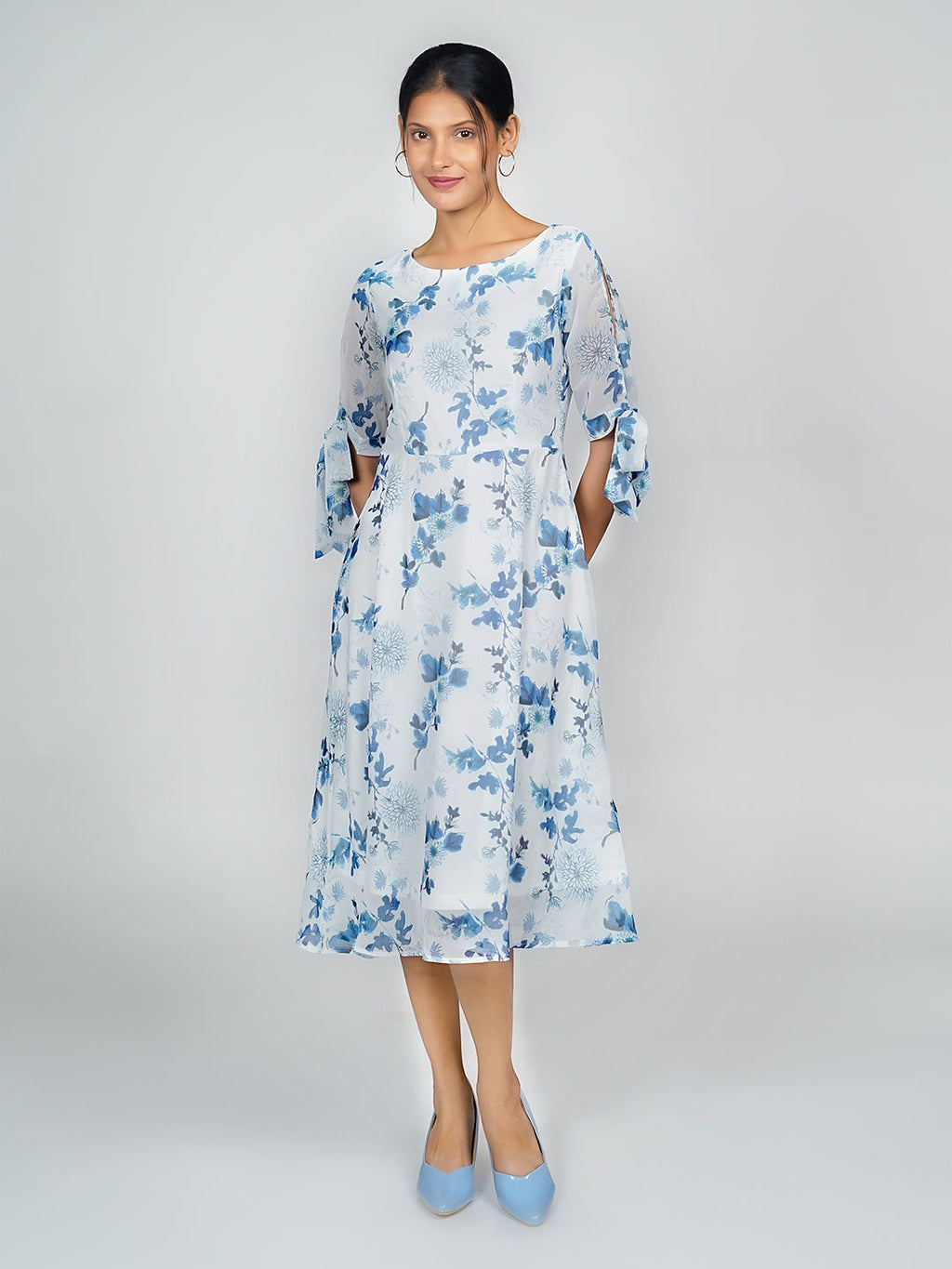 White Floral Print Flared Midi Dress