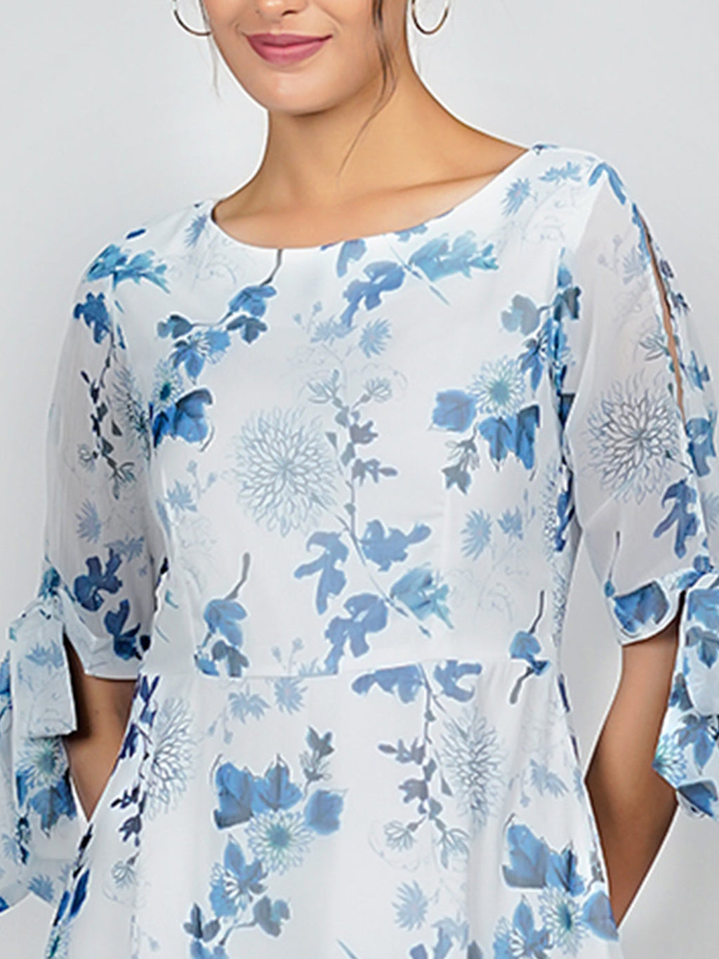 White Floral Print Flared Midi Dress