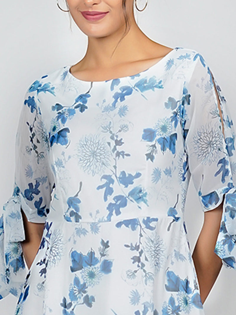 White Floral Print Flared Midi Dress