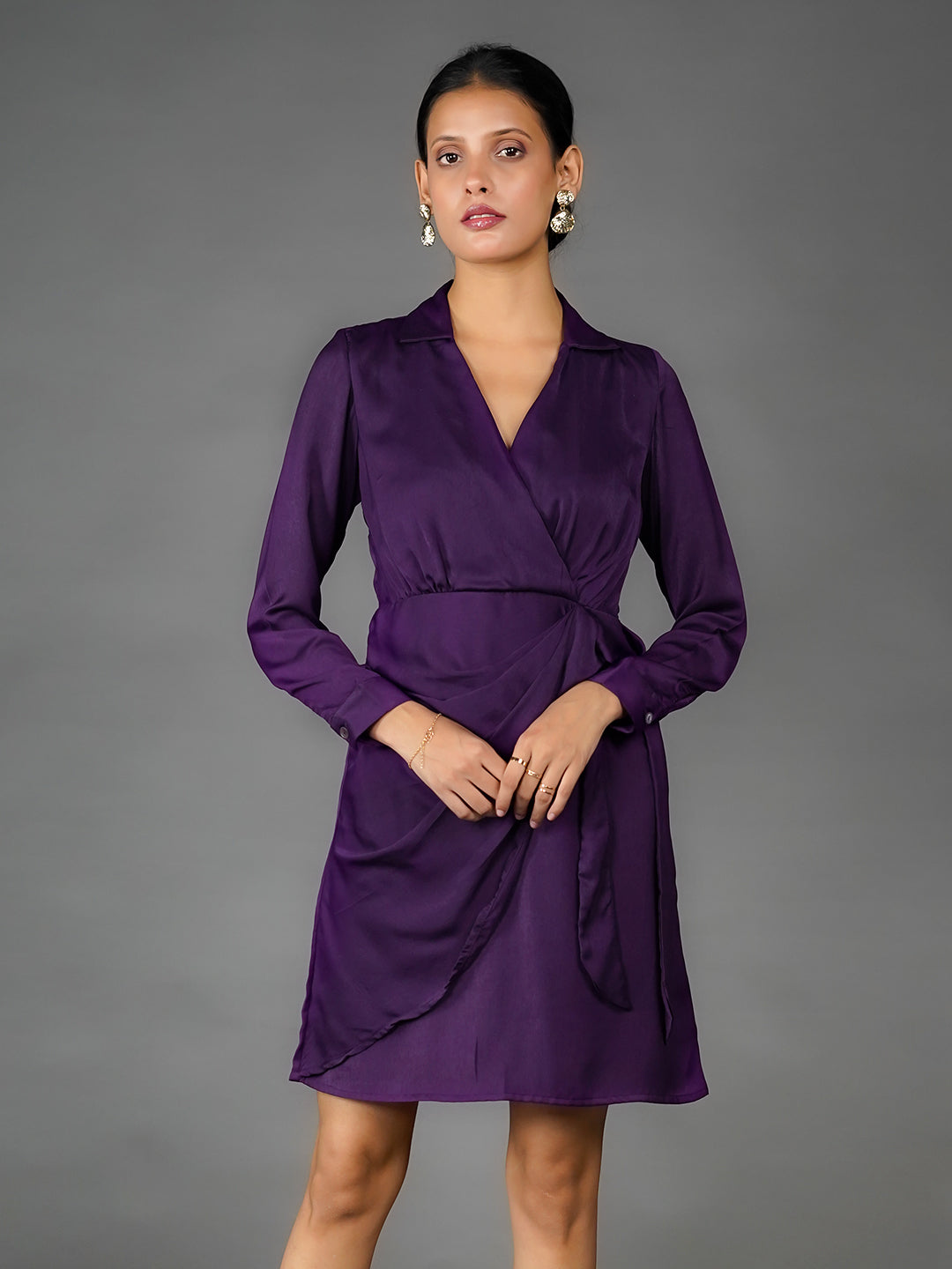 Purple Solid Wrap Mini Dress