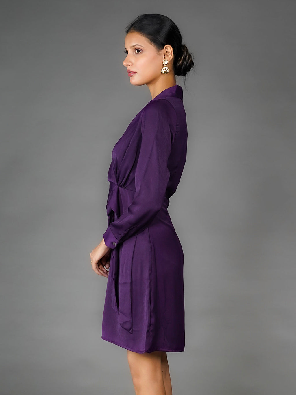 Purple Solid Wrap Mini Dress