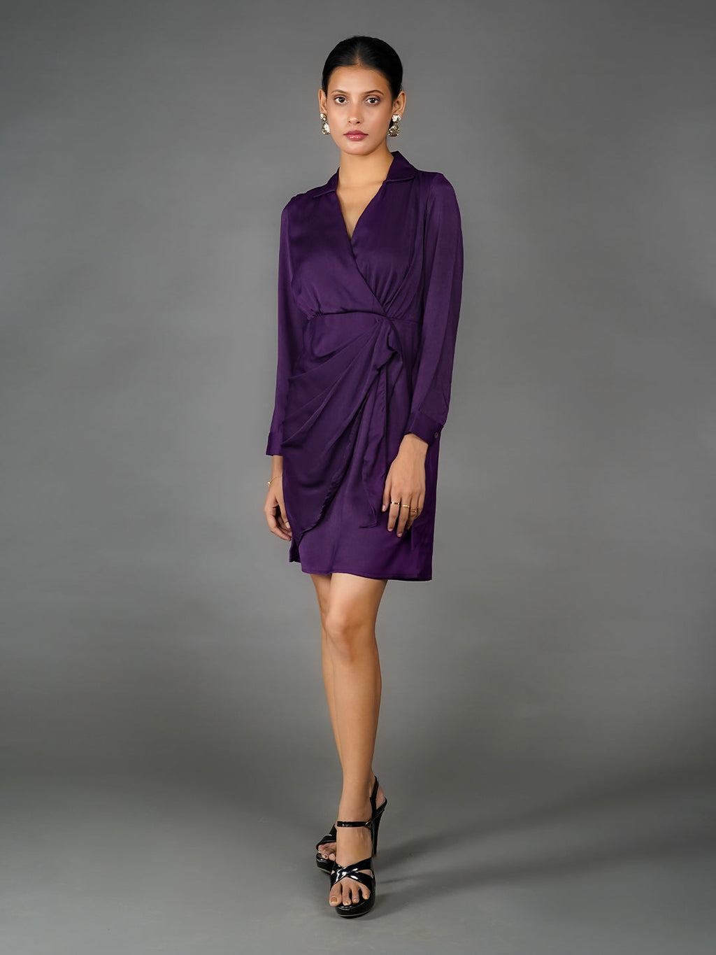 Purple Solid Wrap Mini Dress