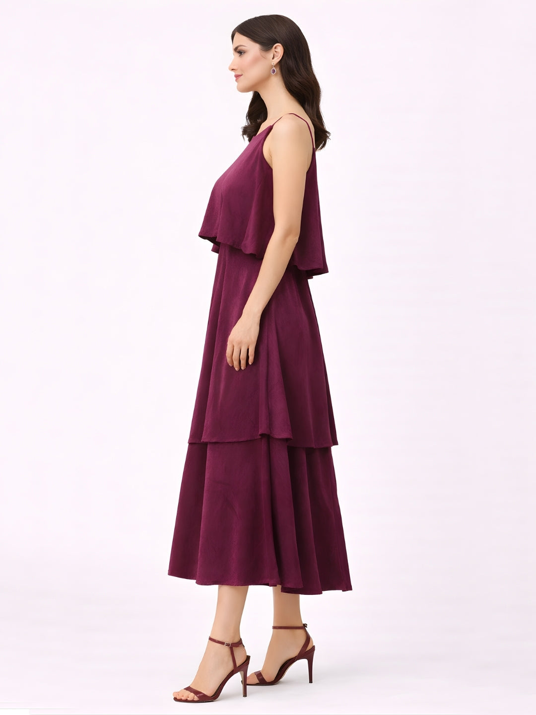 Burgundy Plain Shoulder Straps Midi Dress
