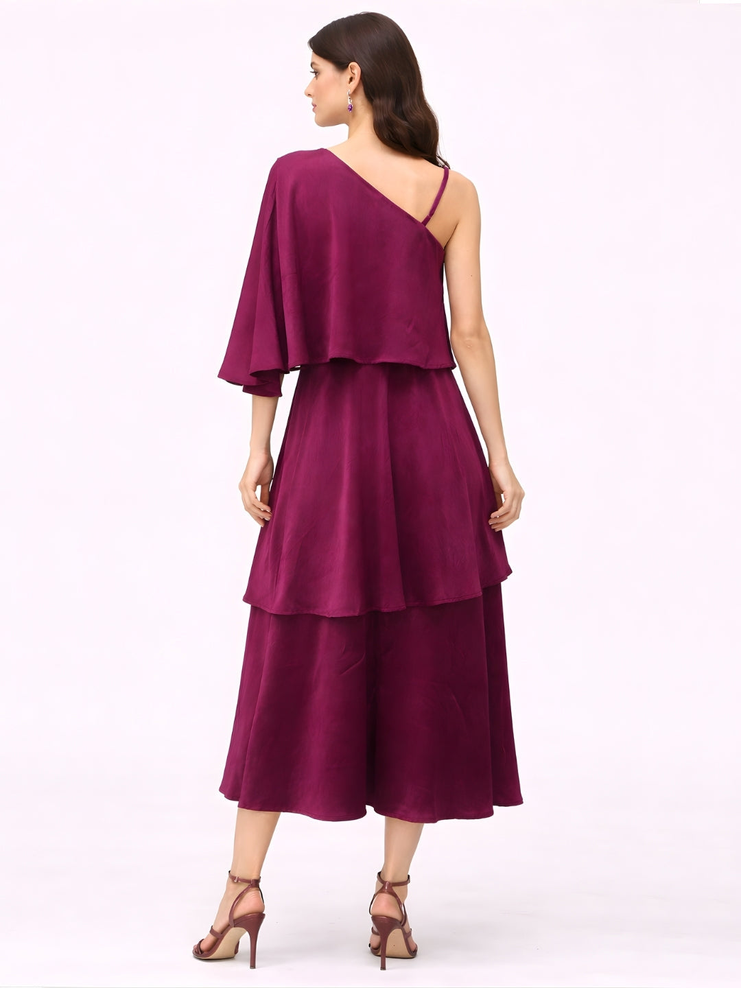 Burgundy Plain Shoulder Straps Midi Dress