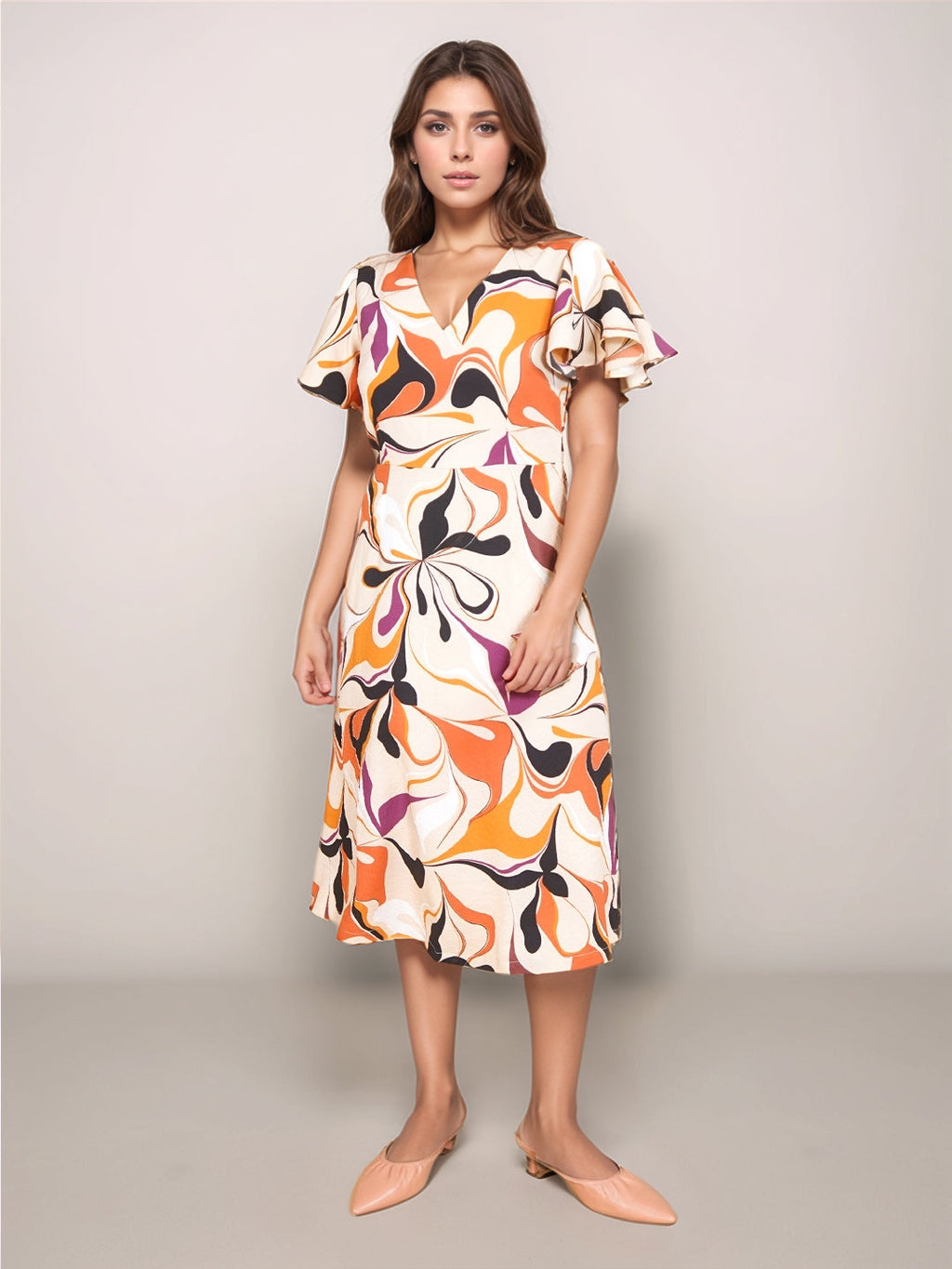 Beige Floral Straight Fit Midi Dress