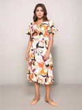 Beige Floral Straight Fit Midi Dress