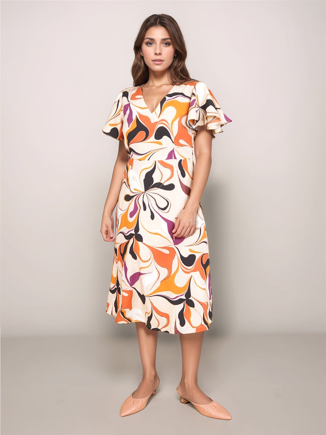 Beige Floral Straight Fit Midi Dress