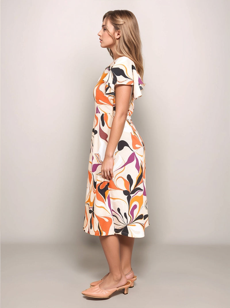 Beige Floral Straight Fit Midi Dress
