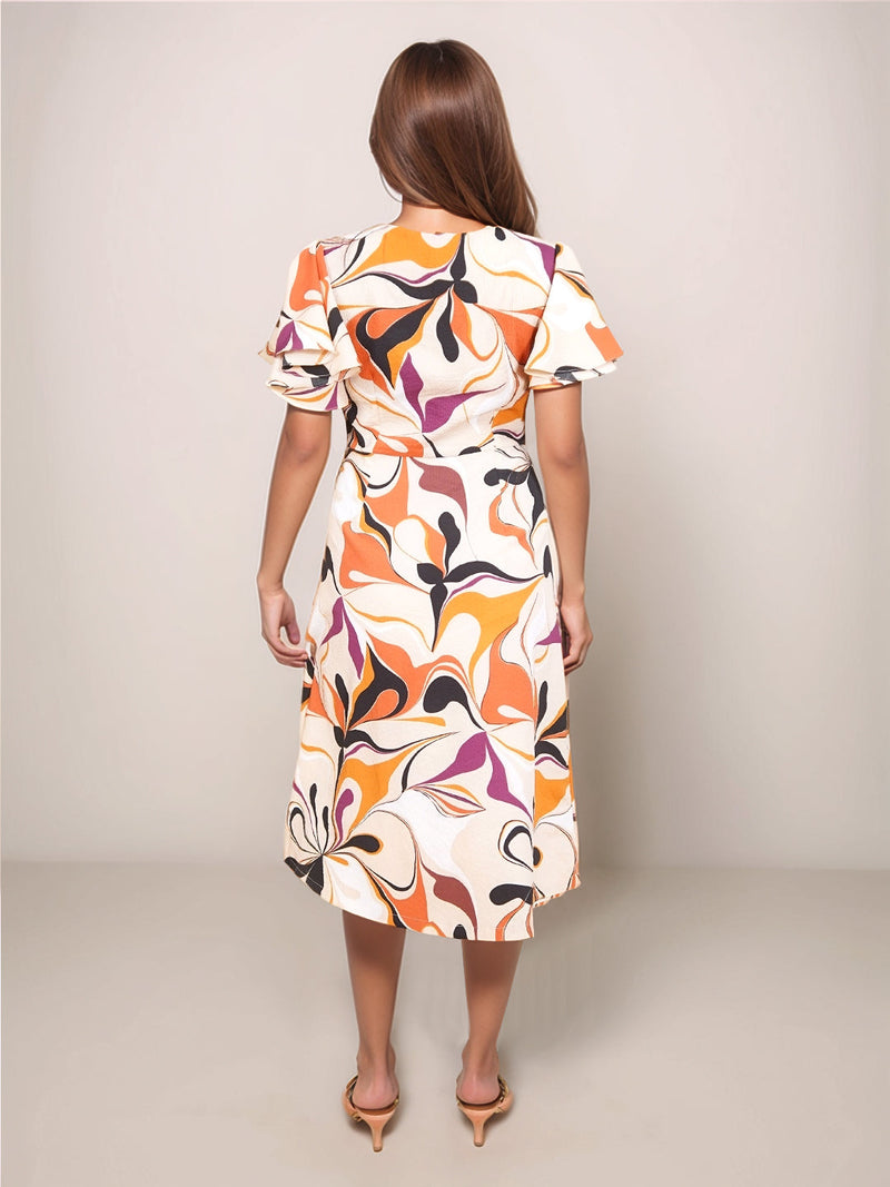 Beige Floral Straight Fit Midi Dress