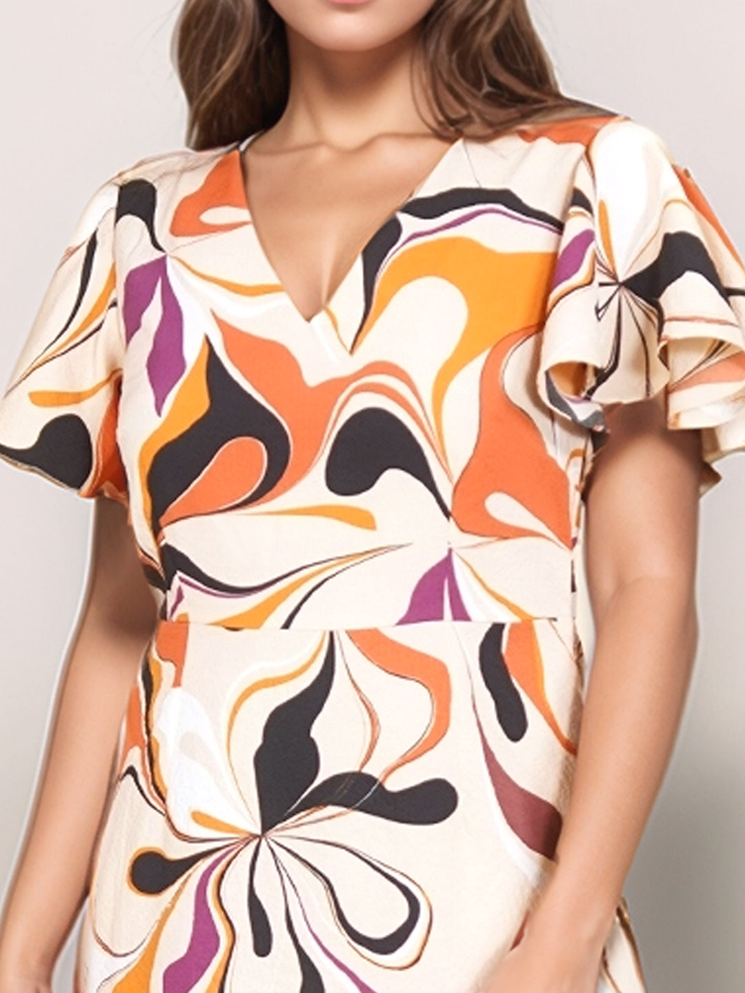 Beige Floral Straight Fit Midi Dress