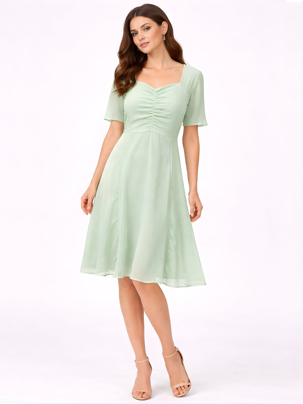 Green Plain Short Midi Dress