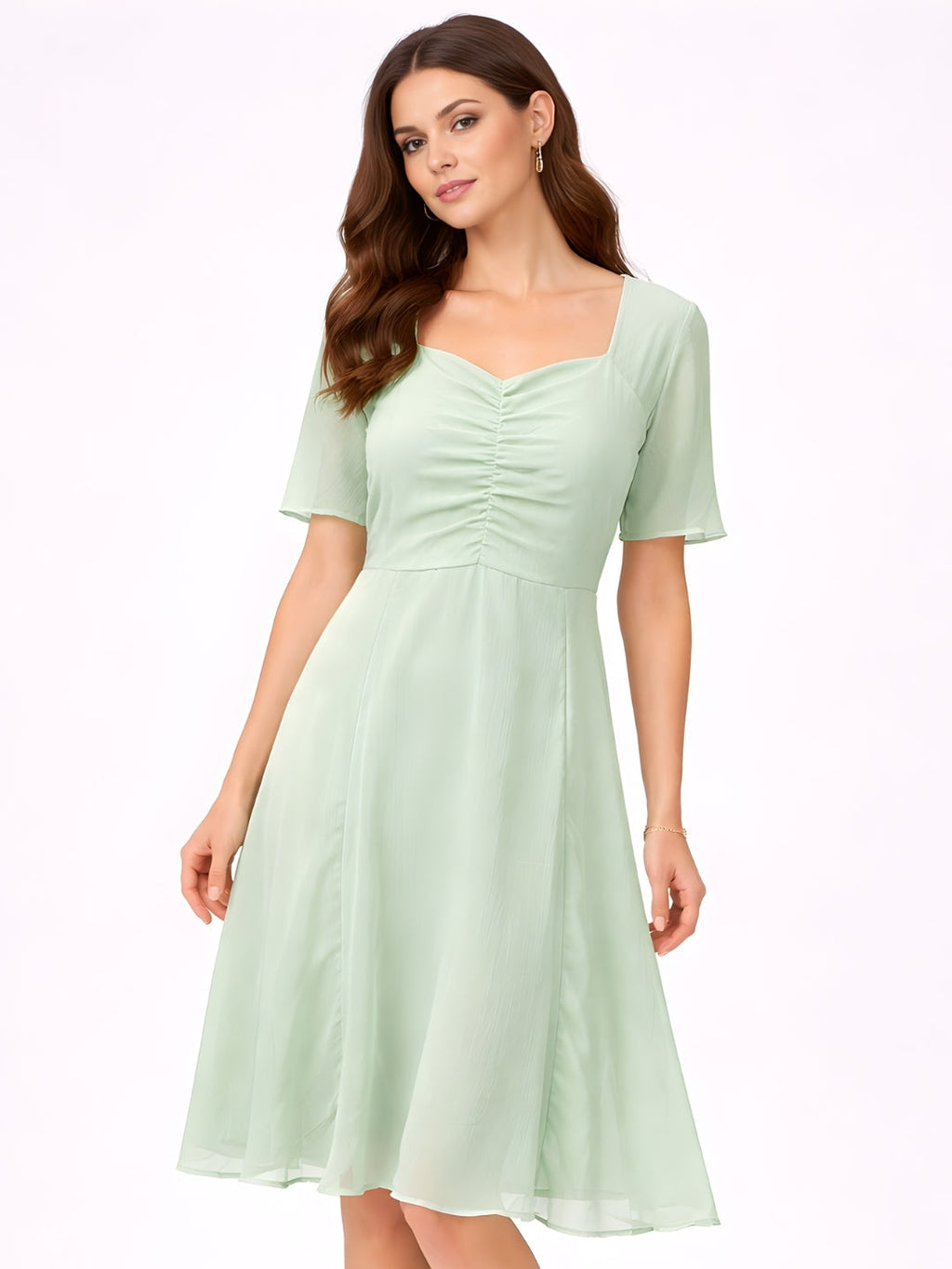 Green Plain Short Midi Dress
