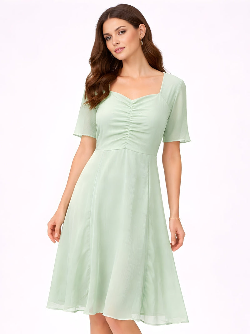 Green Plain Short Midi Dress