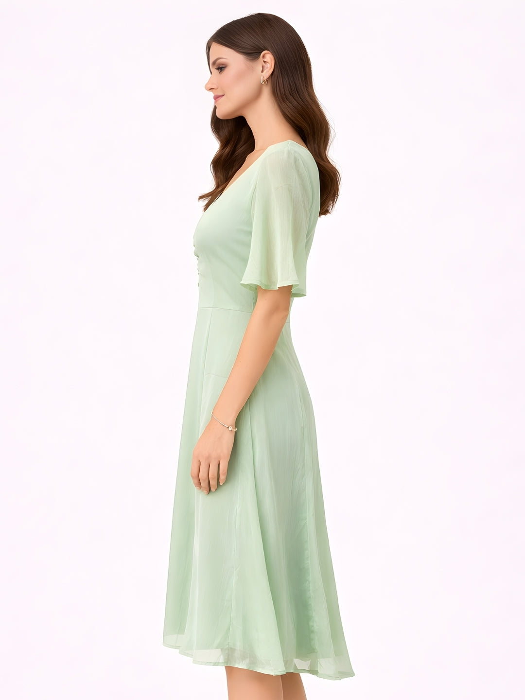 Green Plain Short Midi Dress