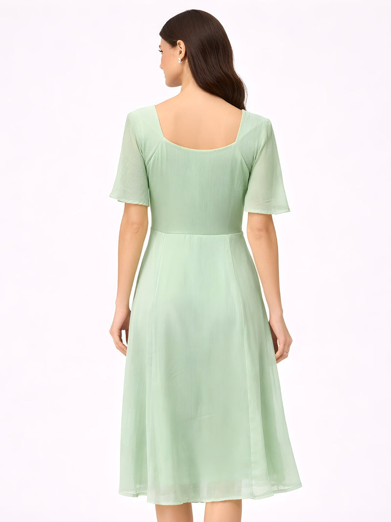 Green Plain Short Midi Dress