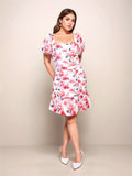 White & Red Floral Prints Slim Fit Knee-Length Dress
