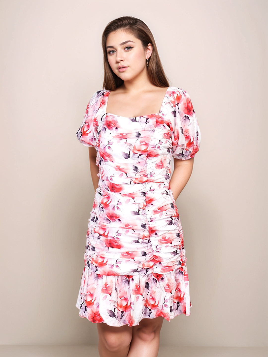 White & Red Floral Prints Slim Fit Knee-Length Dress