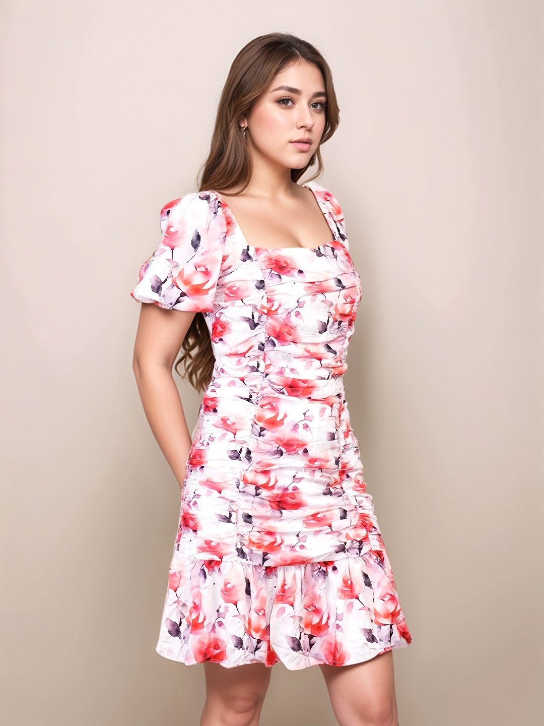 White & Red Floral Prints Slim Fit Knee-Length Dress