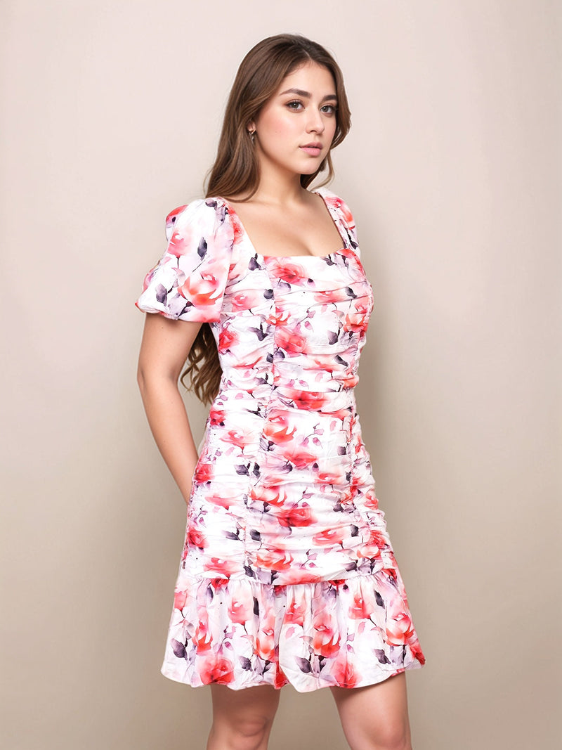 White & Red Floral Prints Slim Fit Knee-Length Dress