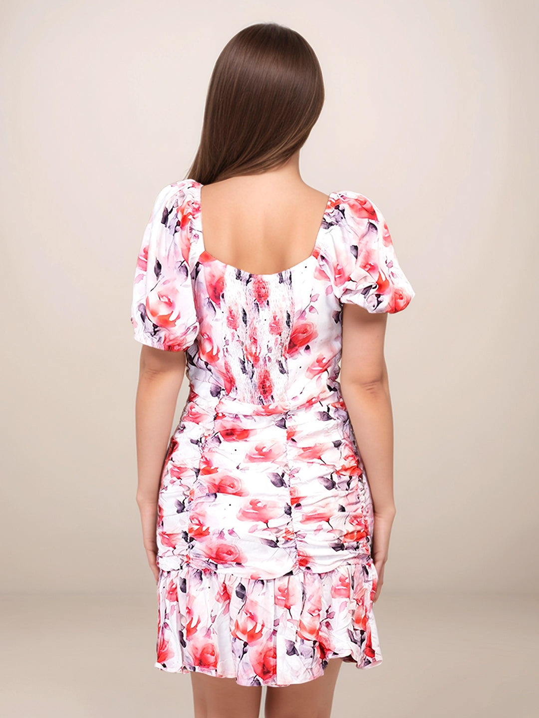 White & Red Floral Prints Slim Fit Knee-Length Dress