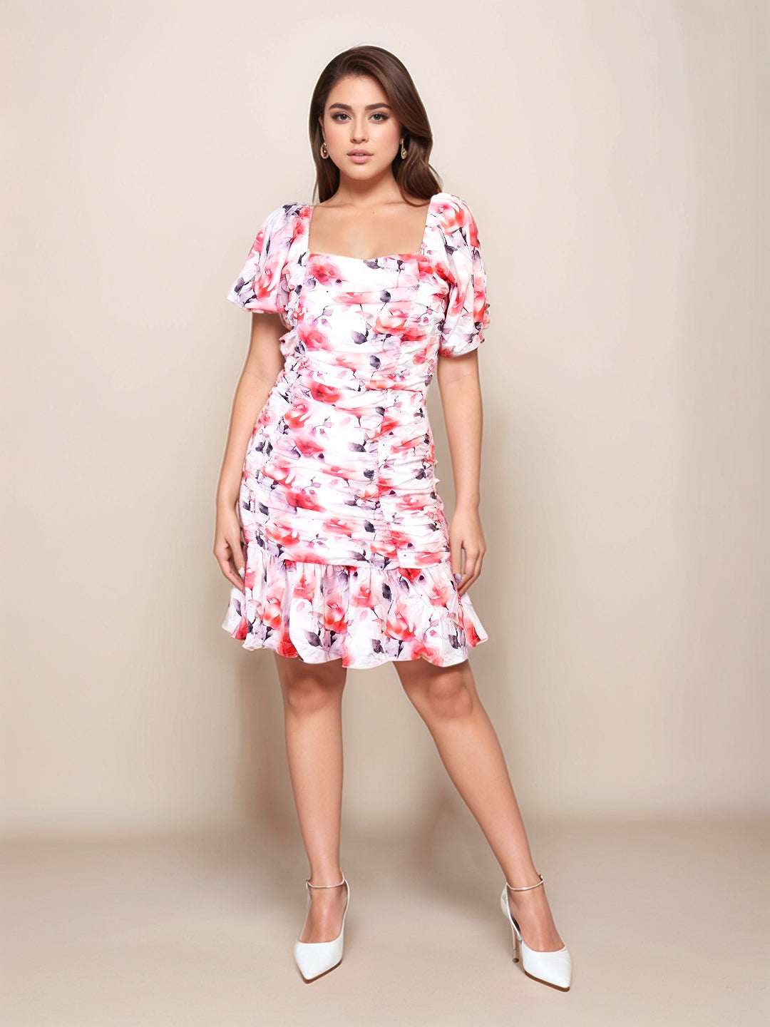 White & Red Floral Prints Slim Fit Knee-Length Dress