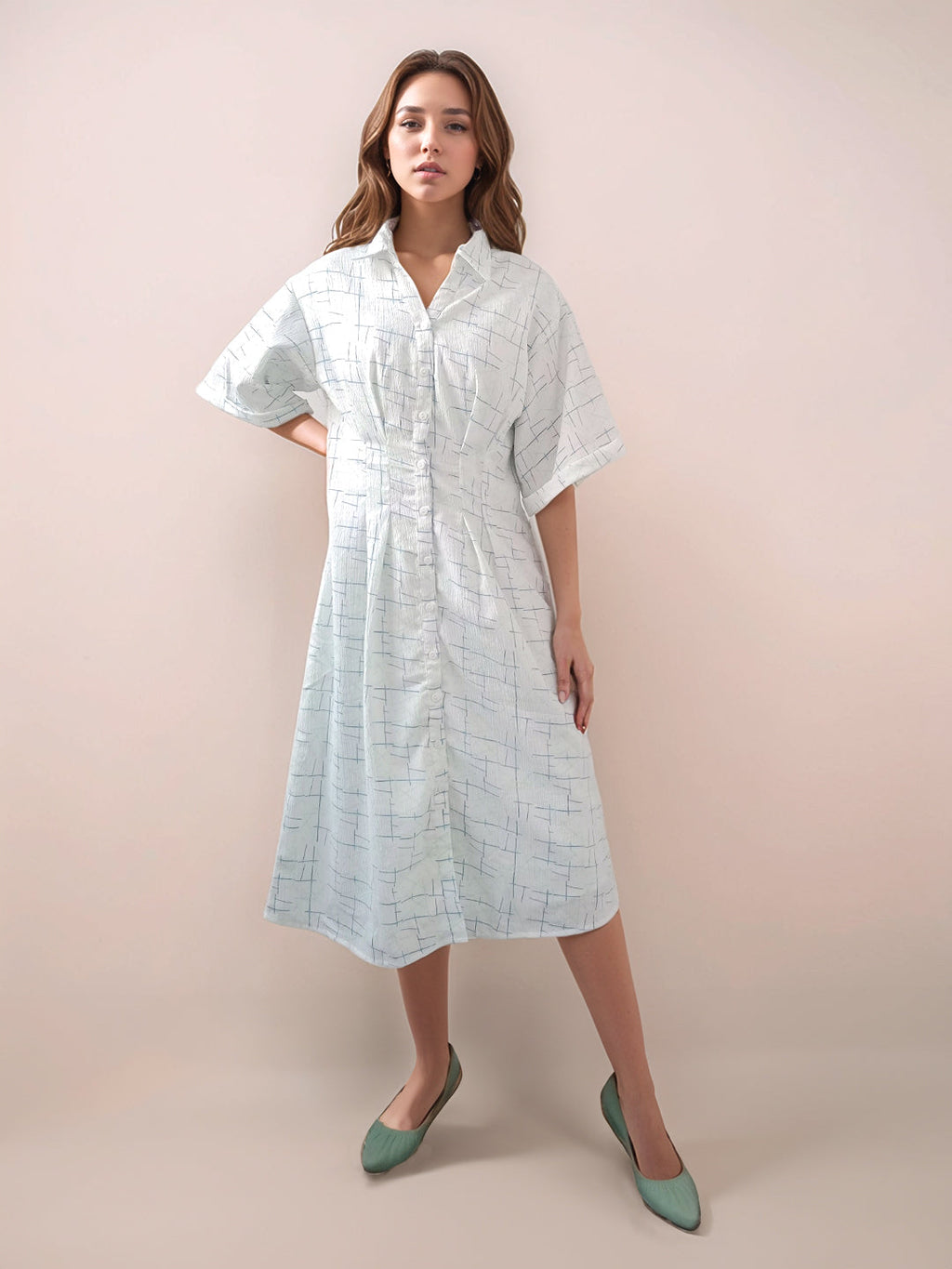 White Printed Slim Fit Midi Dress