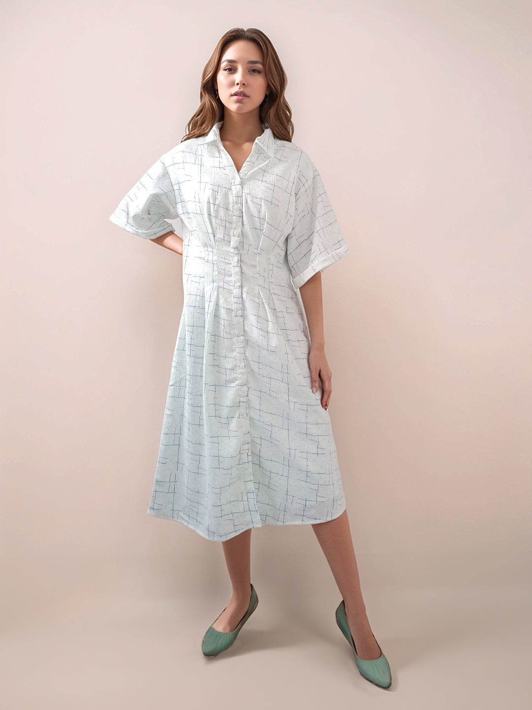 White Printed Slim Fit Midi Dress