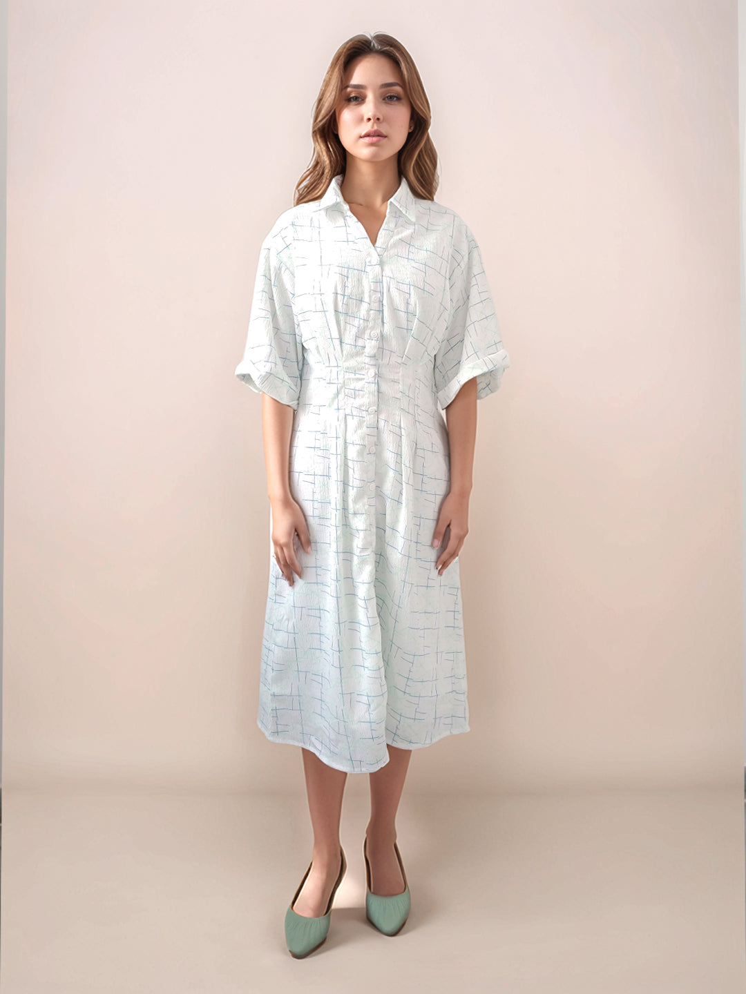 White Printed Slim Fit Midi Dress