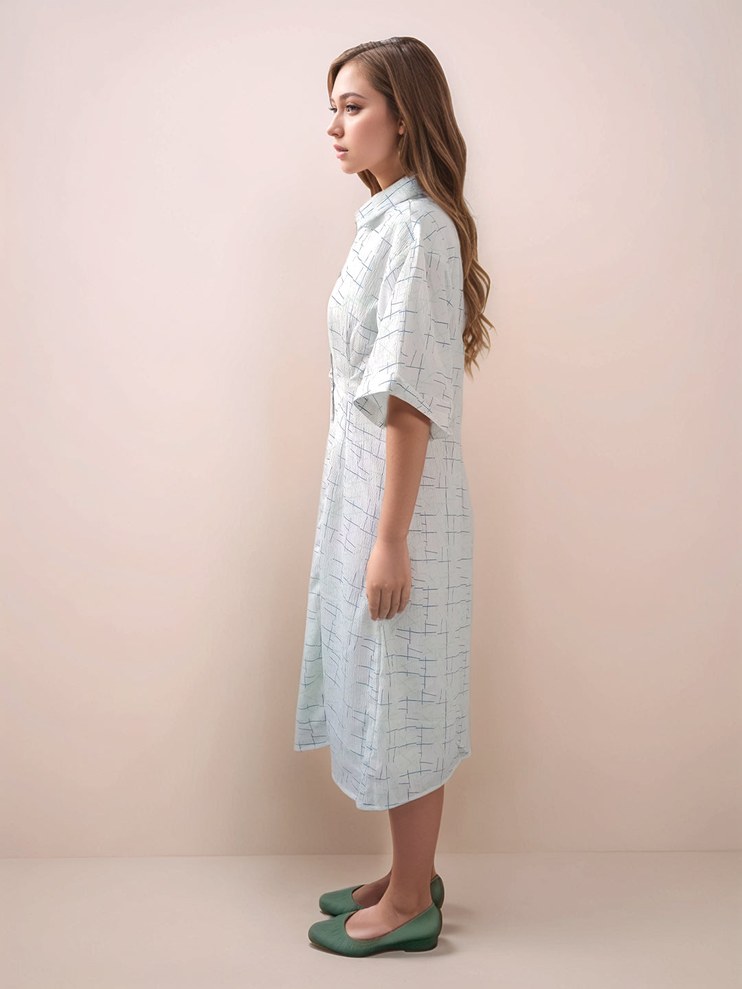 White Printed Slim Fit Midi Dress