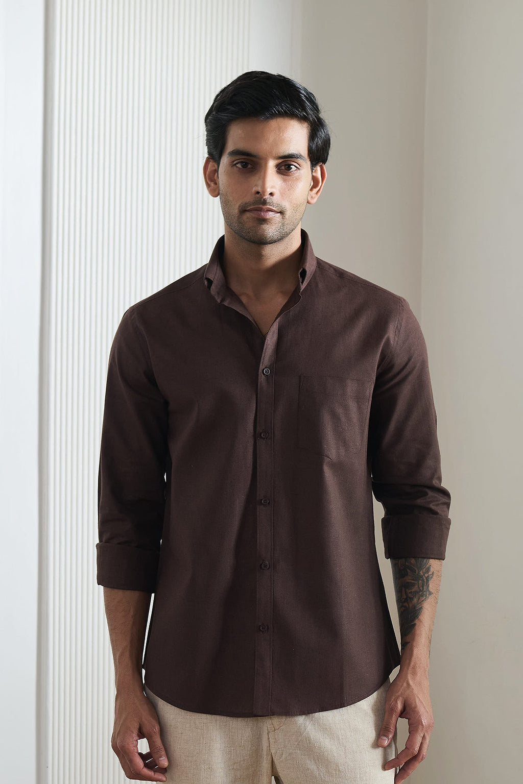 Dark Brown Cotton Linen Shirt - Regular fit